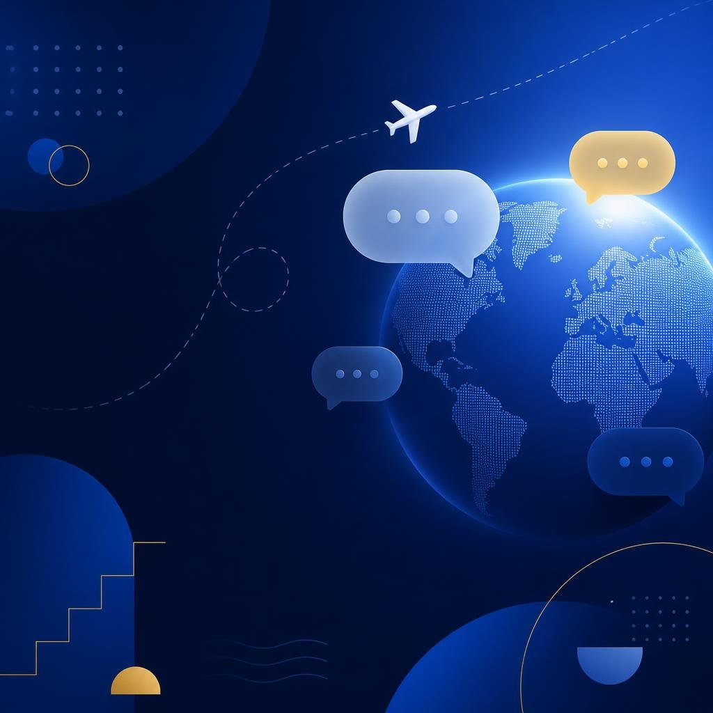 Ilustração de globo com balões de conversa representando aulas de inglês
